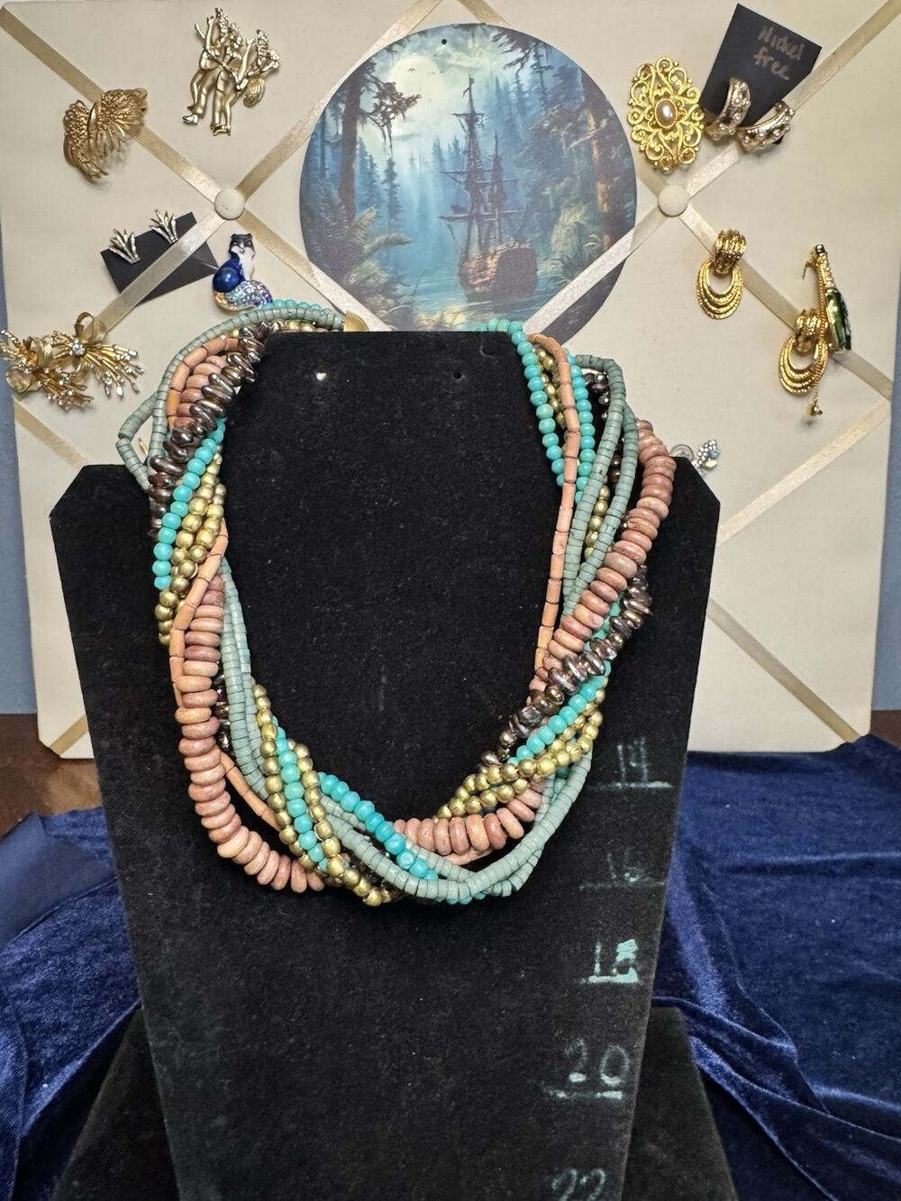 Boho Multi Strand Statement Necklace Turquoise Bronze Wood Beads Tribal Ethnic